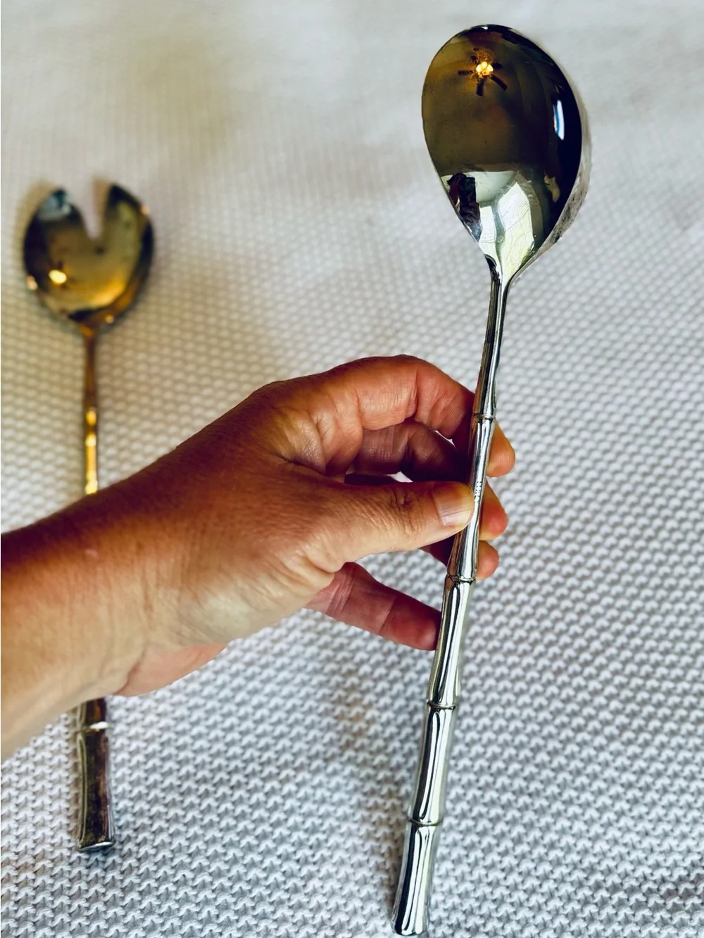 VINTAGE Silver Bamboo Handle Salad Serving Spoons Utensils Made in ITALY